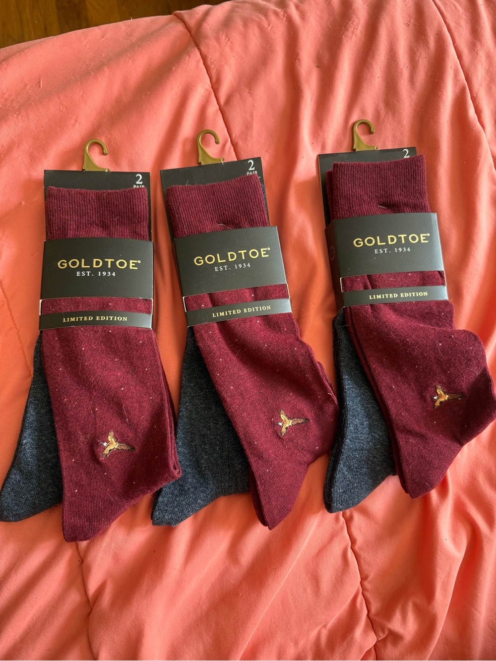 Gold Toe Men’s Burgundy & Charcoal Two-Pair Sock Pack. 3 packs, 6 pair total